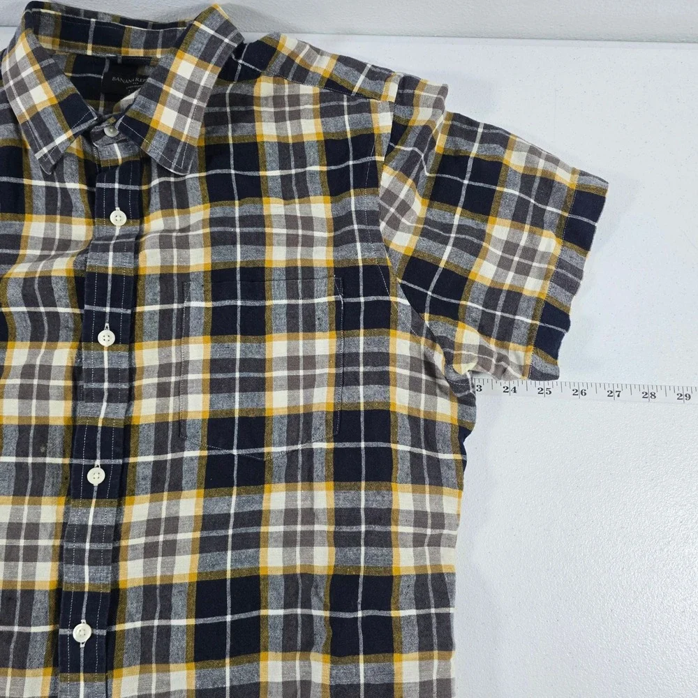 Banana Republic Mens L Linen Plaid Short Sleeve‎ Button Down Shirt Navy Yellow